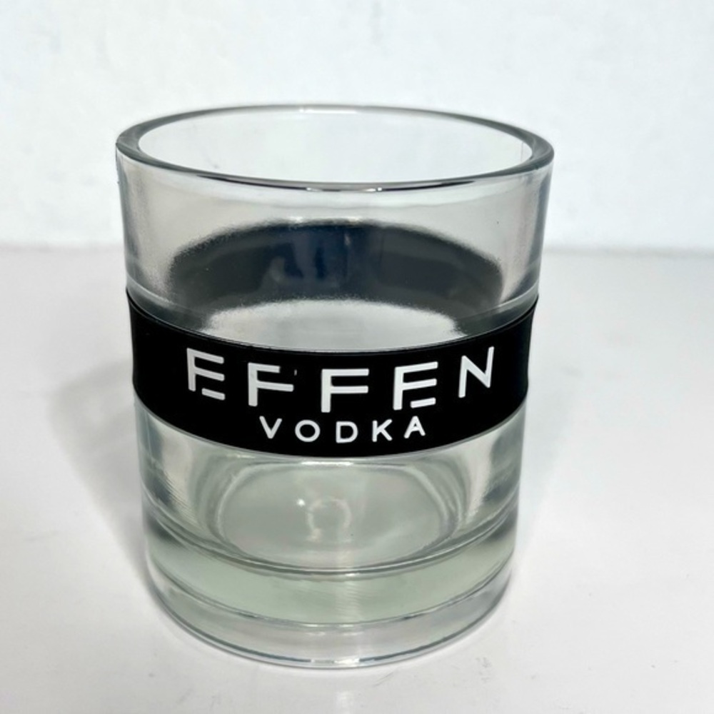 Vintage Effen Vodka Lowball Glass Black Rubber Band  On the Rocks 8 oz